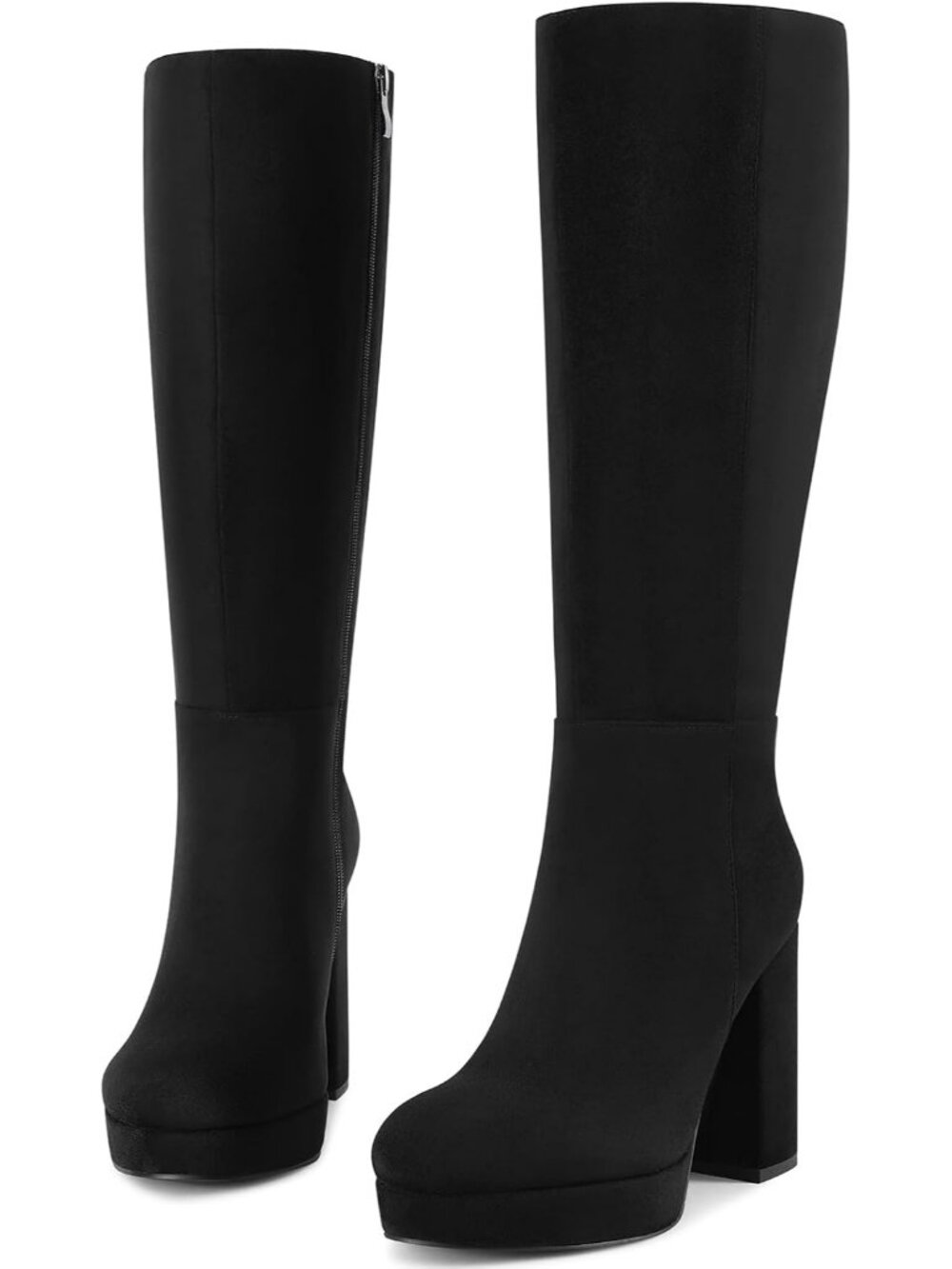 Women's Black Suede Knee High Boots Chunky High Heel Boots Round Toe Side Zip